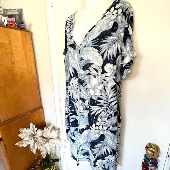H & M LOGG NAVY BLUE TROPICAL PRINT LINEN BLEND DRESS SIZE LARGE - Picture 9 of 11